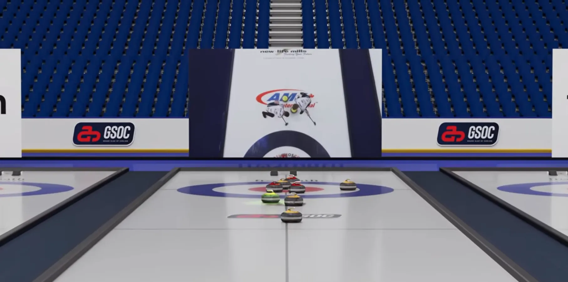 Broadcast view down a curling sheet toward the house full of stones, with the arena jumbotron and seating behind.
