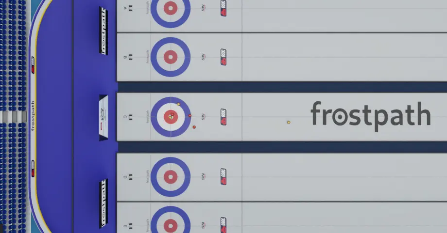Overhead broadcast view of curling sheets with a sponsor's brand rendered directly onto the ice.